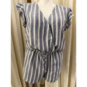 Anthropologie cloth & stone Blue and White Striped Linen-Blend Romper